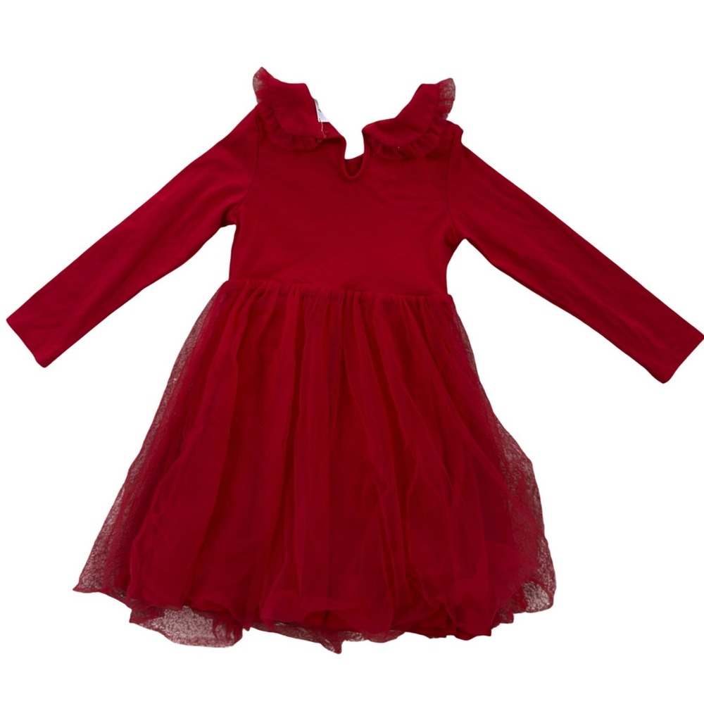 Arshiner Girls Red Tulle Party Dress Long Sleeve Peter Pan Collar Size 110 4T 5T - Picture 6 of 8